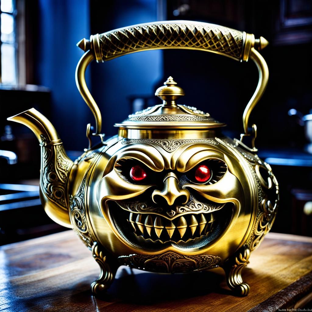 Evil Anthropomorphic Pumpkin Kettle in Brass