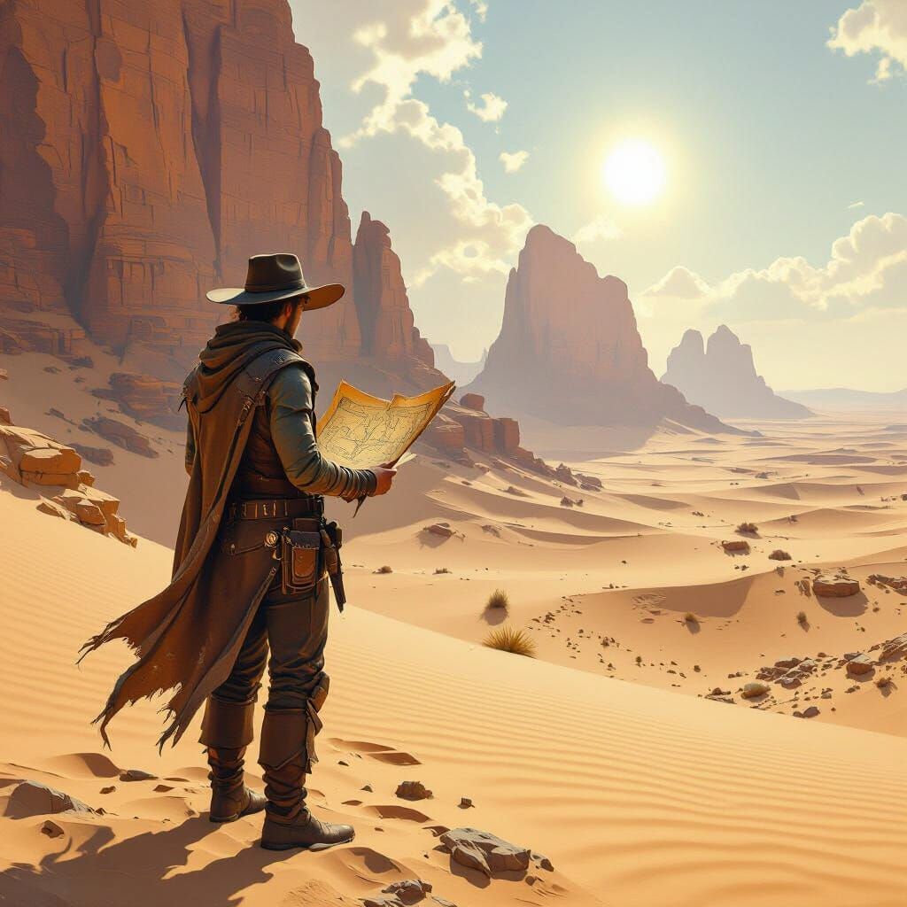 Desert Explorer with Map in Oil Painting Style