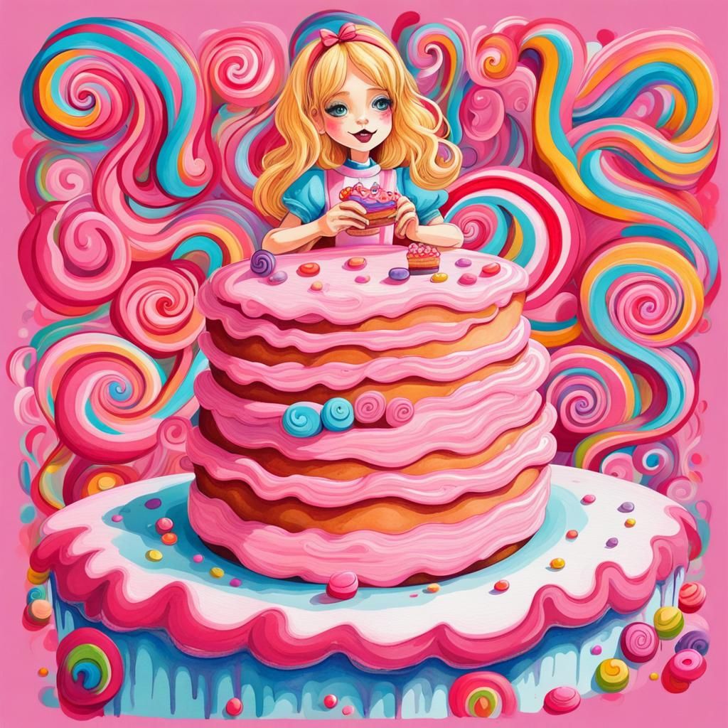 Alice in Wonderland Eating Cake, Gouache Style