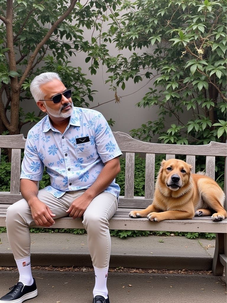 Relaxed Figure in Hawaiian Shirt on Bench