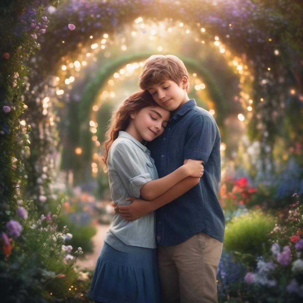 Boy and Girl Hug in a Magical Garden