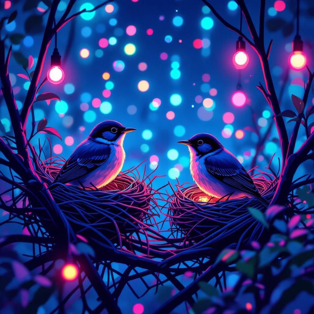 Nightingales' Neon Nests: Vibrant Geometric Dreamscape