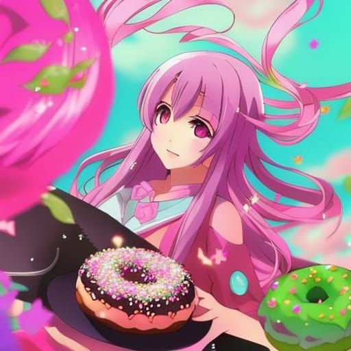 Pink Frosted Donut with Sprinkles in Anime Style