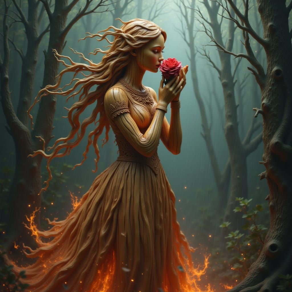Wooden Maiden Smelling Crimson Rose in Gothic Fantasy Storm