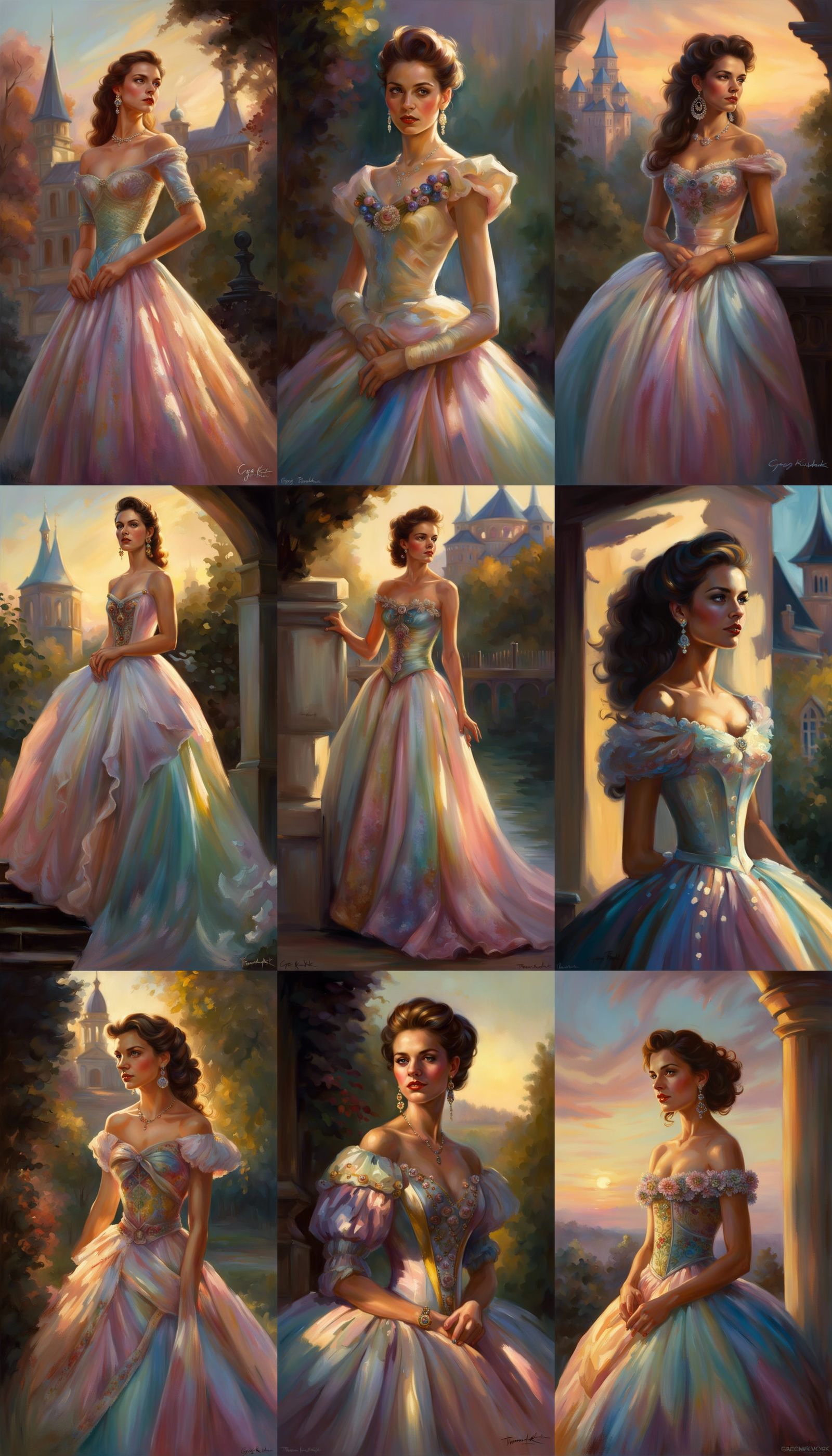 Beautiful Romanian Women with Tiera in pastel multi colored ball gown in late afternoon lighting