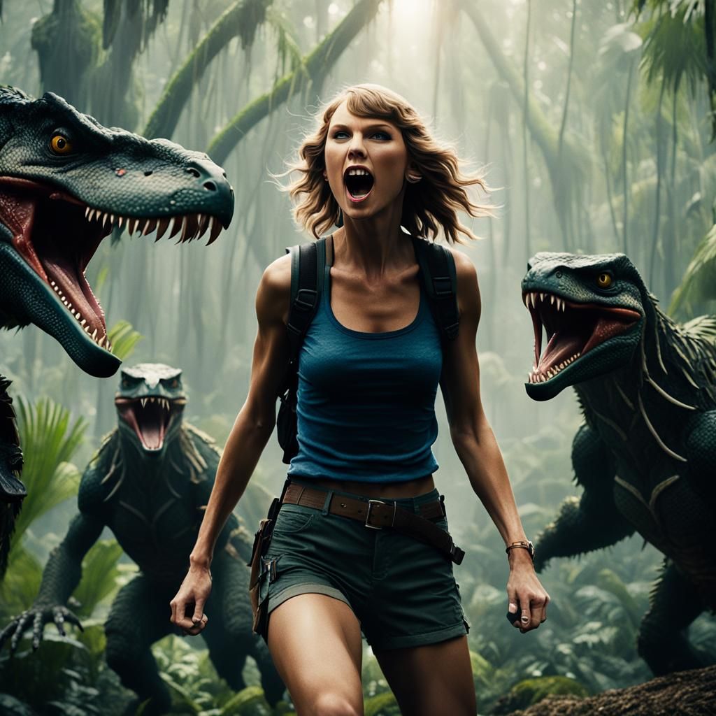 taylor swift about to get eaten by dinosaurs