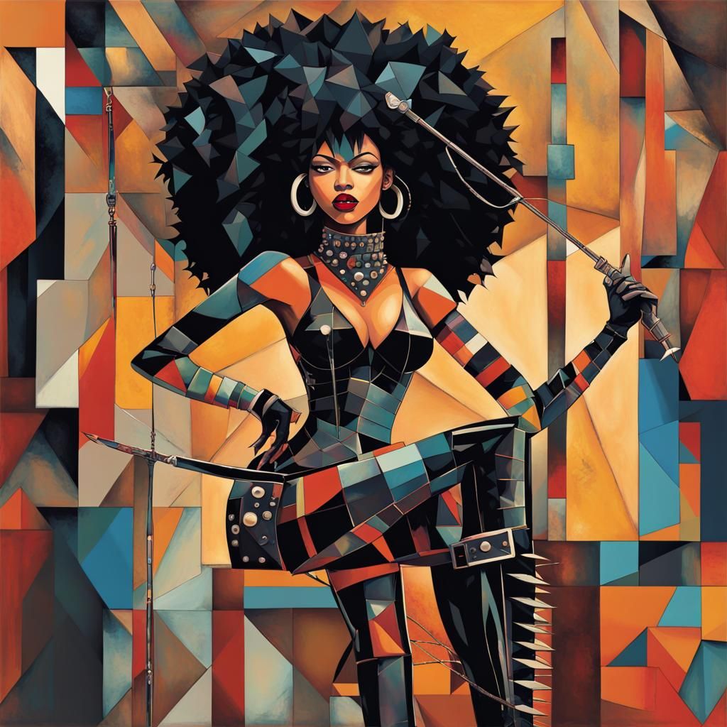 Gothic Cyborg Girl with Whip, Cubist Steampunk Art