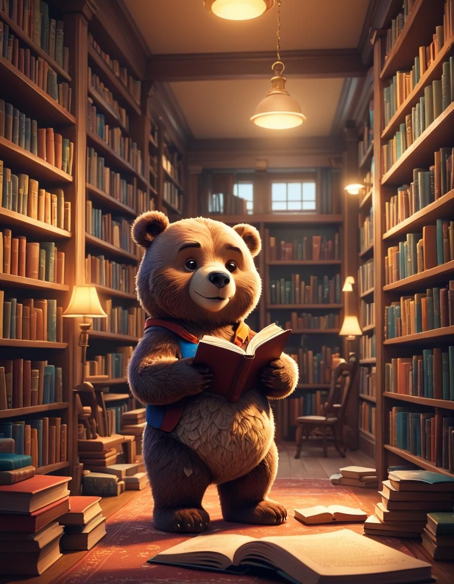 Cartoon Bear Reading in Cozy Library
