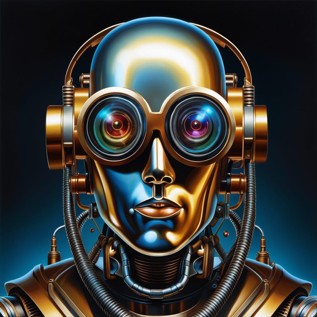 a digital illustration of a robot person with goggles, in the style of david michael bowers, oil paintings, futurist mec...