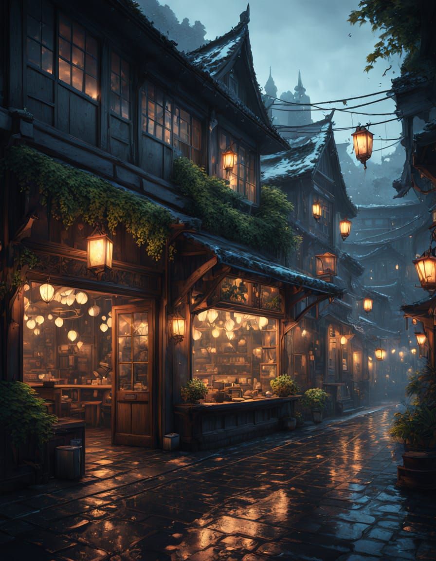 Anime Coffee Shop in Old Town on Rainy Night