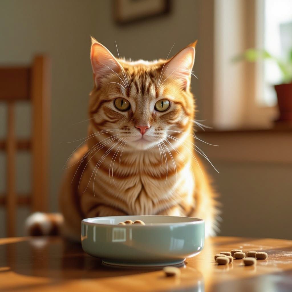 Whimsical Orange Tabby Cat Waits for Food in a Cozy Setting