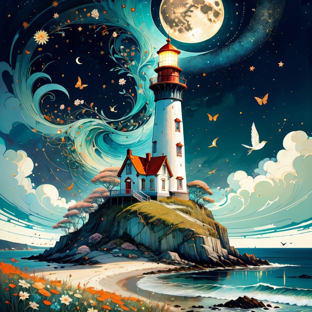Surreal Lighthouse in Art Nouveau Style
