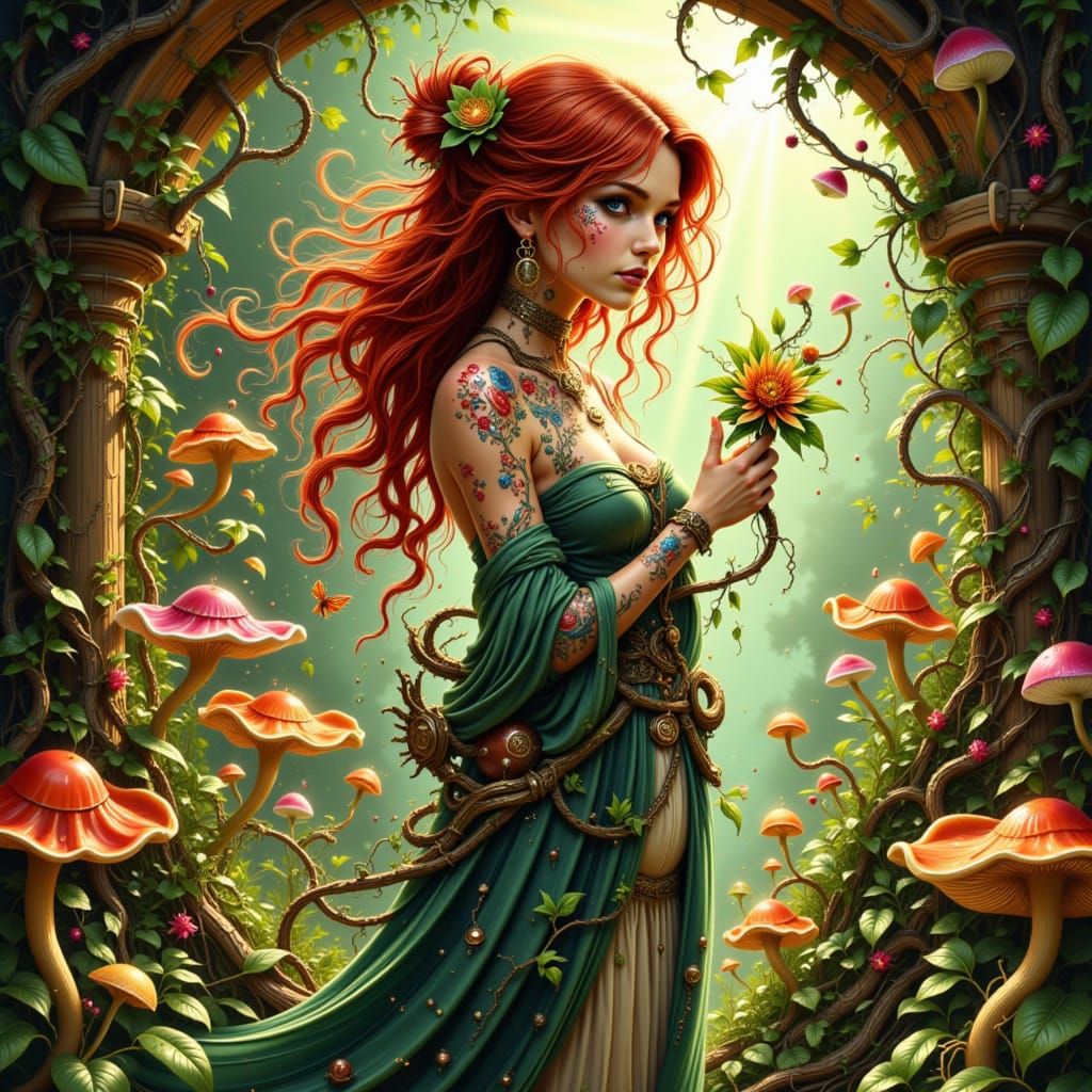 Steampunk Herbalist in Sunlit Apothecary Garden