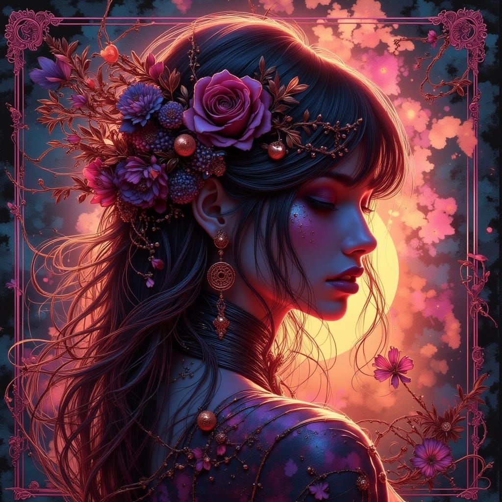 Art Nouveau Punk Woman in Neon Cyberpunk City