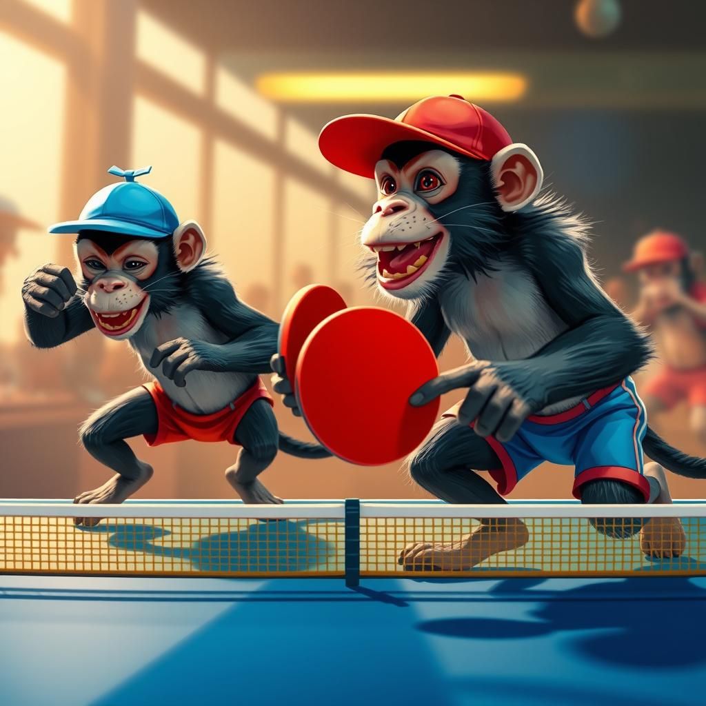 Monkeys Play Table Tennis in Vivid, Stylized Realism