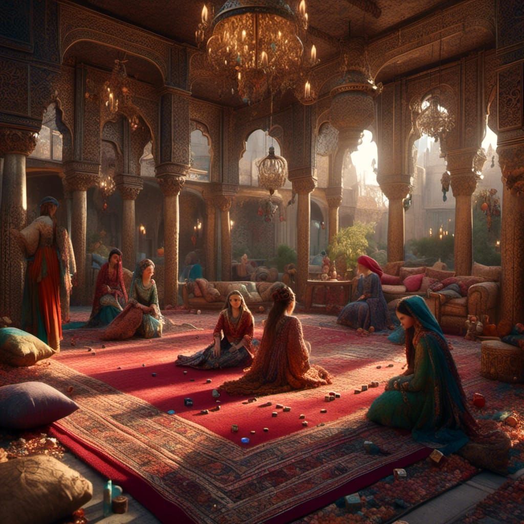Ottoman Harem: Women Playing Dice in Opulent Setting