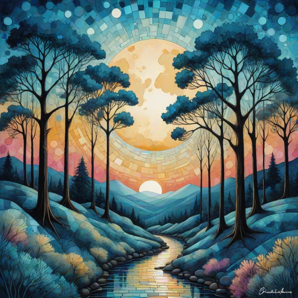 Moonlit Forest Pathway in Vibrant Blue and Gray