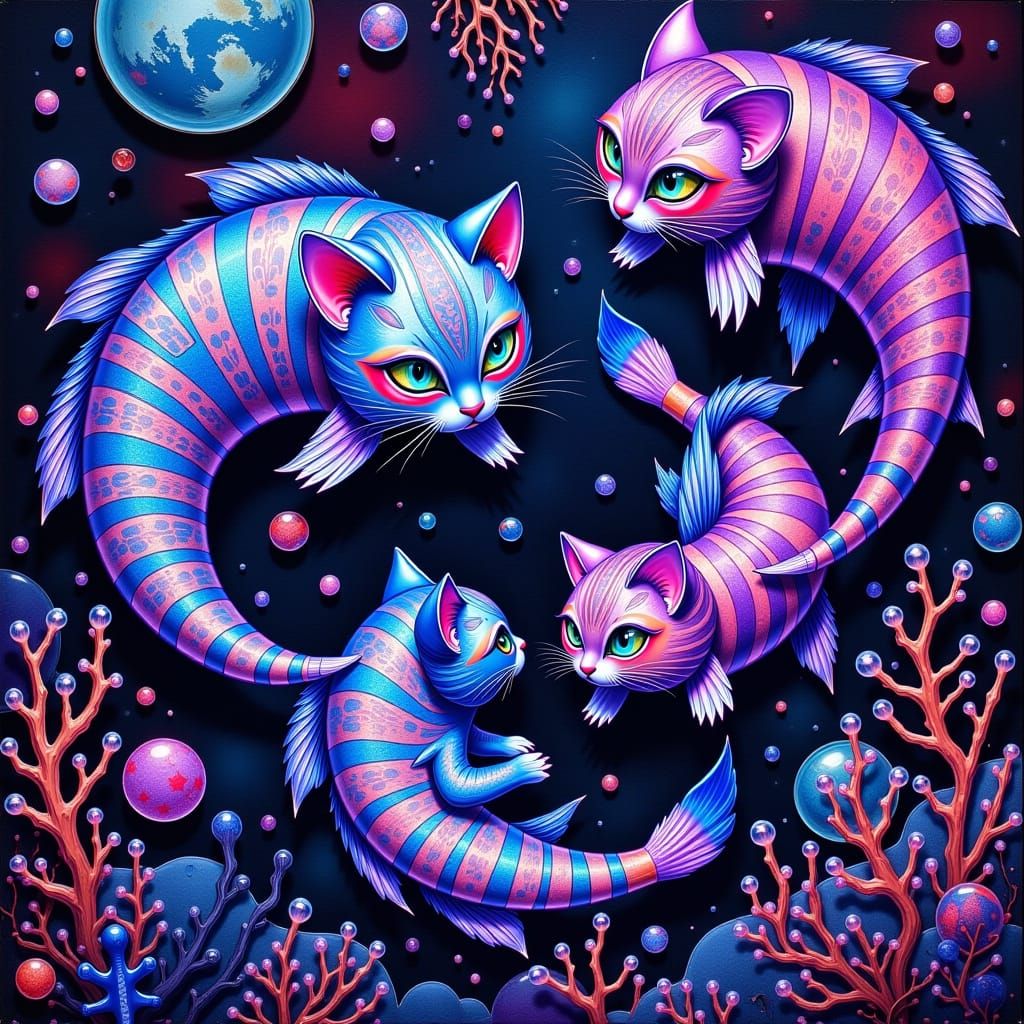 Glowing Iridescent Cheshire-Cat-Fishies in Shimmering Glass ...