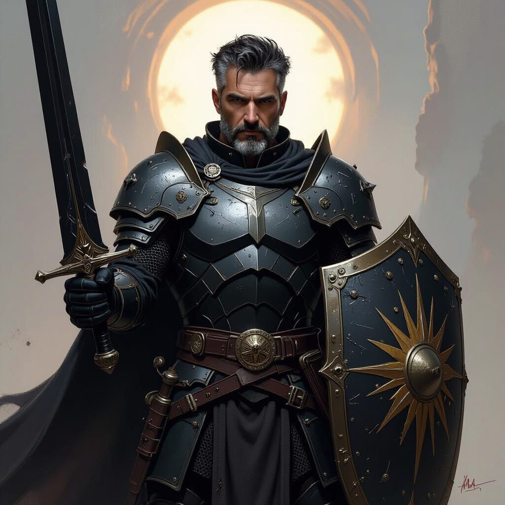 Knight with Obsidian Sword in Fantasy Setting