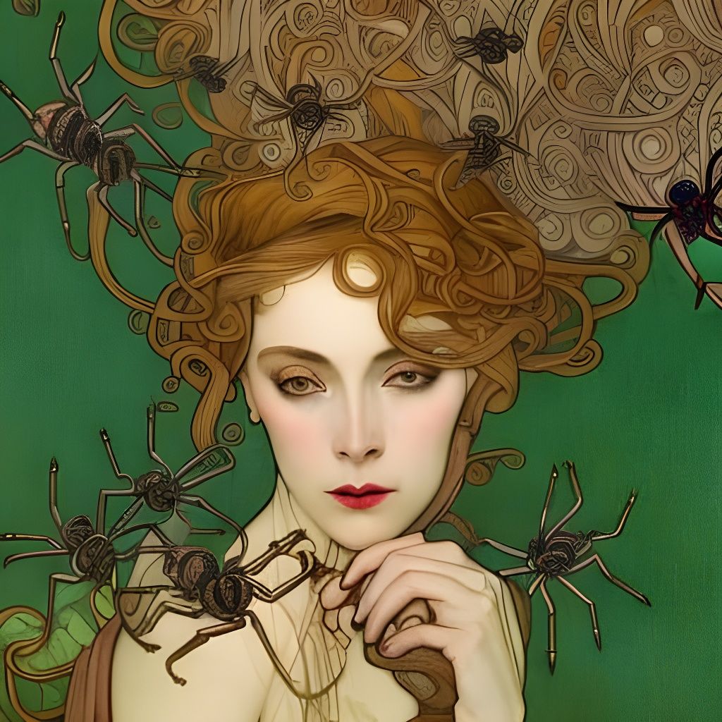 Art Nouveau Portrait of Woman with Spiders