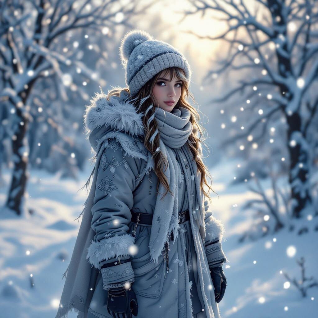 Ice Girl in Snowy Winter Landscape