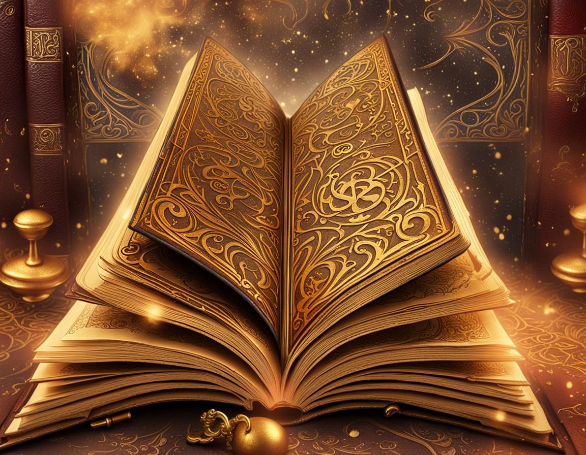 Magical Leather Book with Gold Lock, Art Nouveau Style