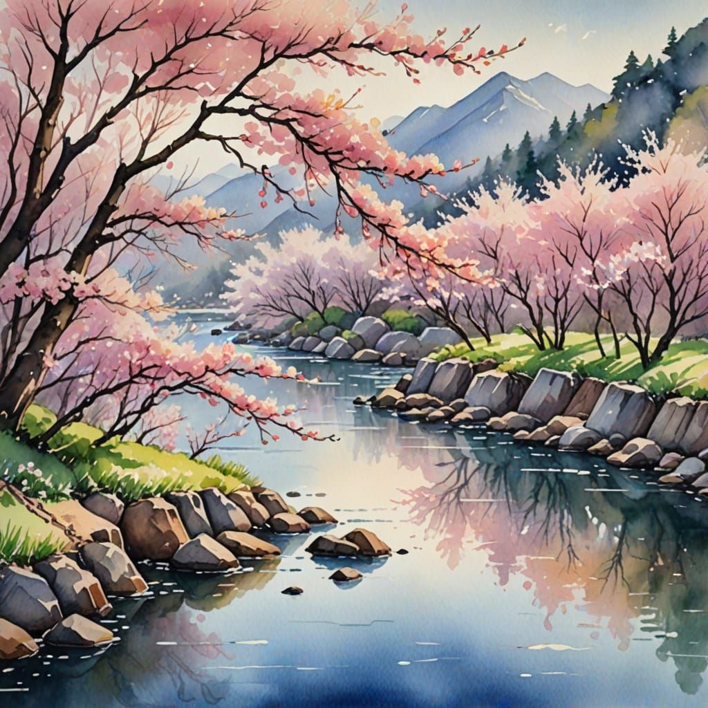 Japanese Cherry Blossoms in Soft Focus Watercolor