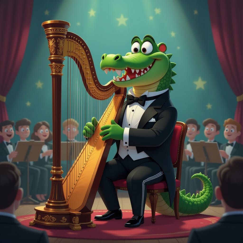Crocodile Plays Harp in Pixar Animation Style