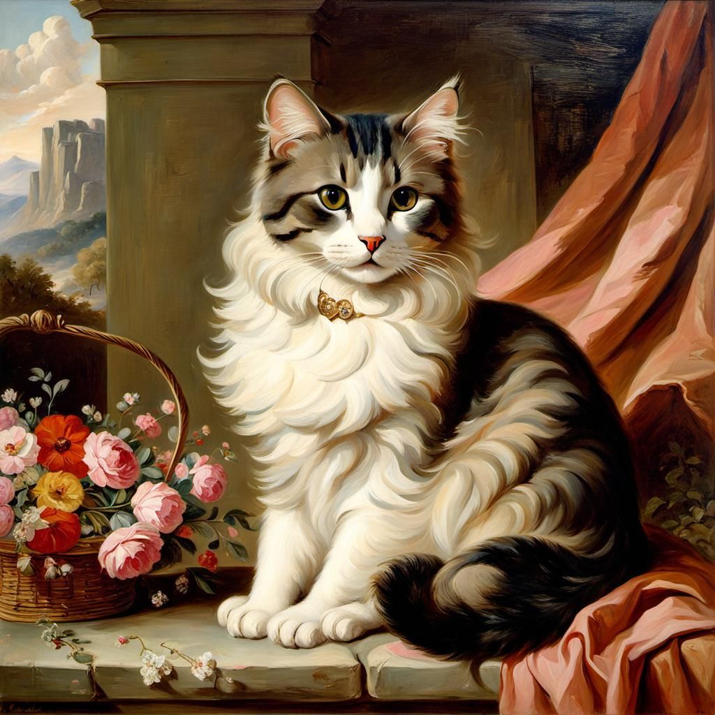 Cute Cat on Pillow in Earth Tones Oil Painting