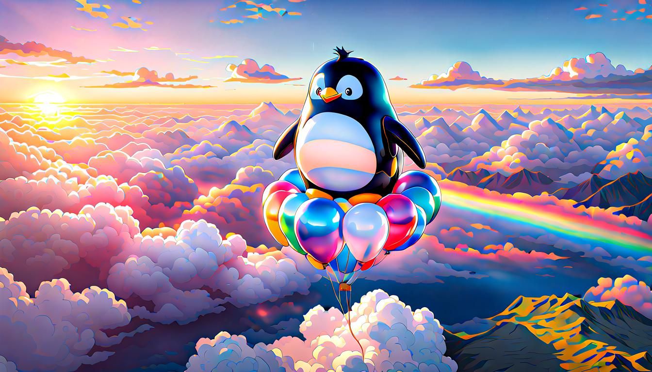Translucent Chibi Penguin Balloon Over Sunrise Clouds