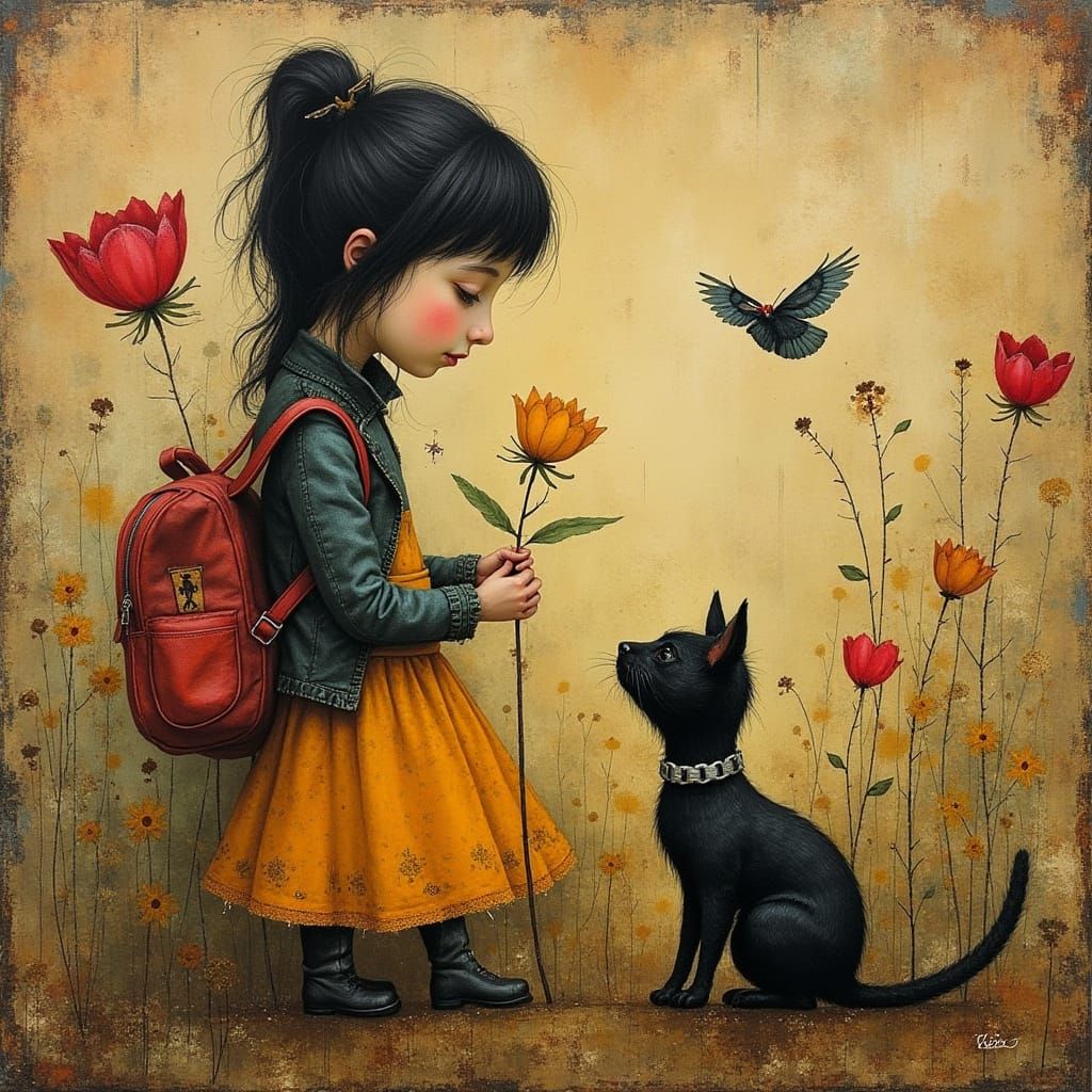 Whimsical Flower Girl and Cat Portrait