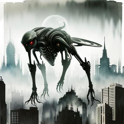 Alien Creature in Dystopian Cityscape: Double Exposure Art