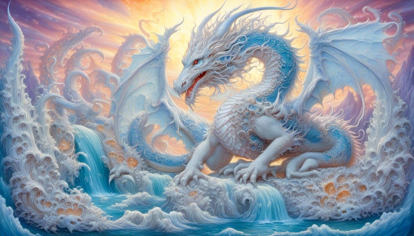 Psychedelic Dragon Soaring Over Waterfall in Abstract Style