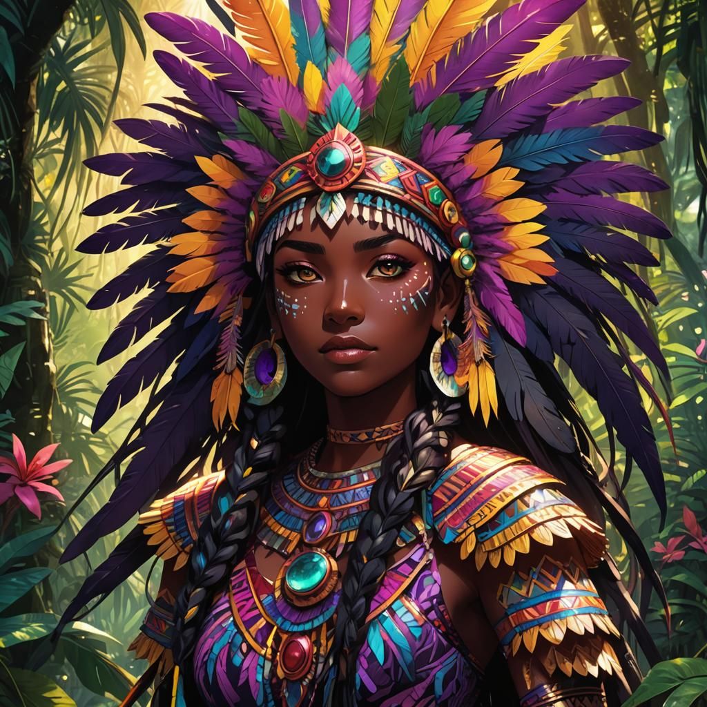 Aztec Anime Girl in Mystical Jungle Art