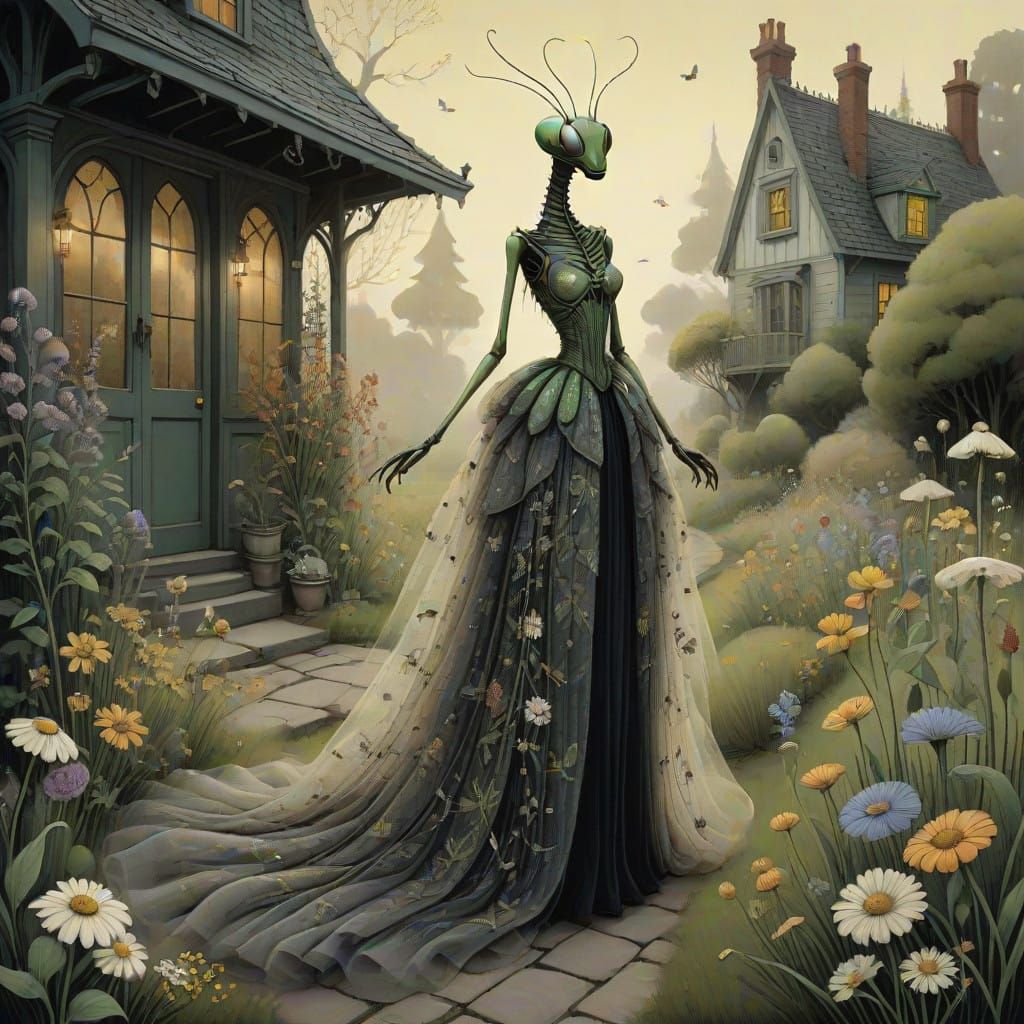 Whimsical Mantis in Cottage Garden