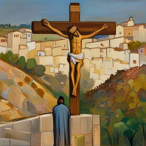 Crucifixion Scene with Jerusalem, Oil Painting