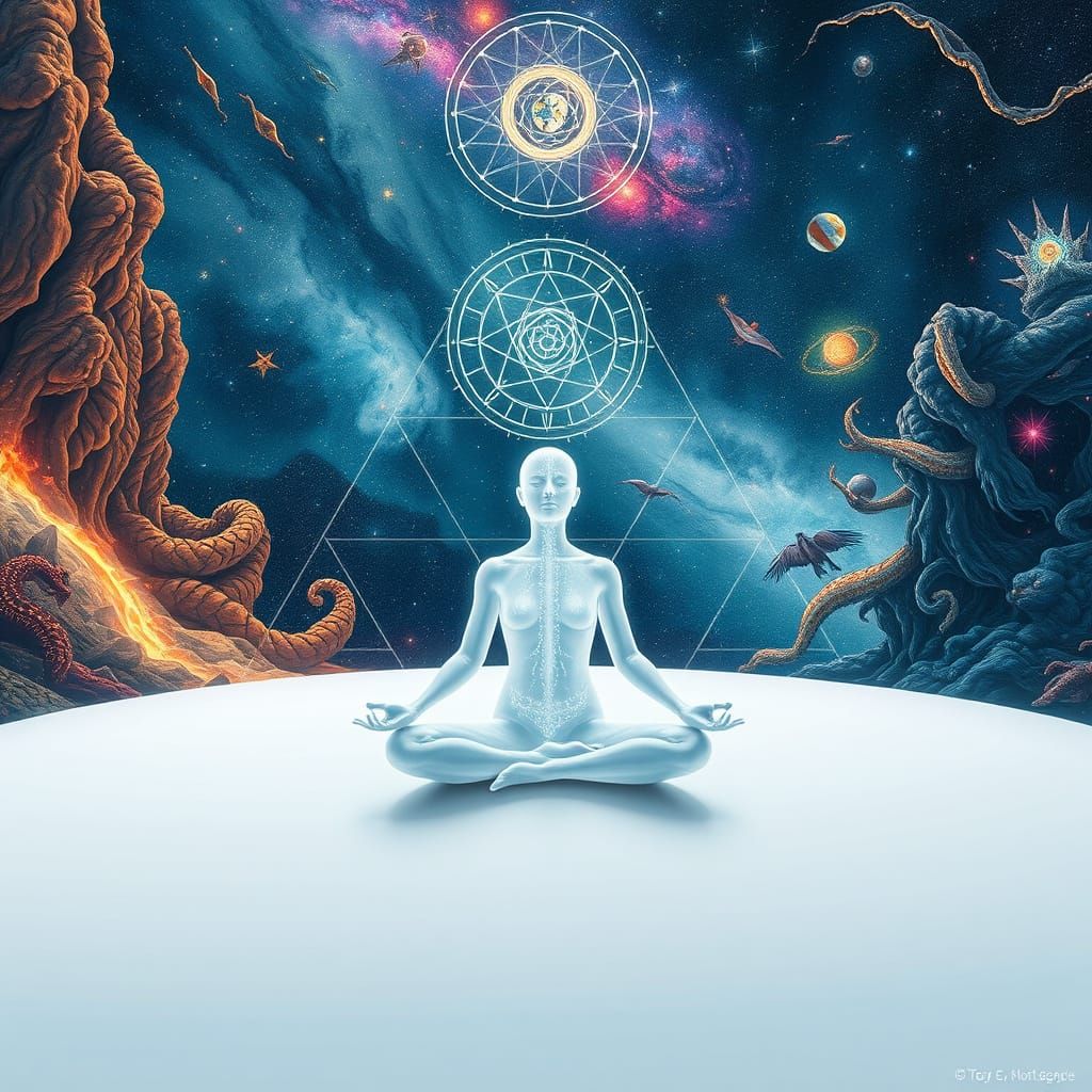 Meditative Figure in White Space with Psychedelic Art