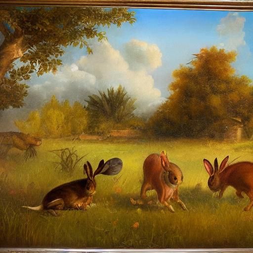 Rabbits Overrunning Village Square in Surrealist Style
