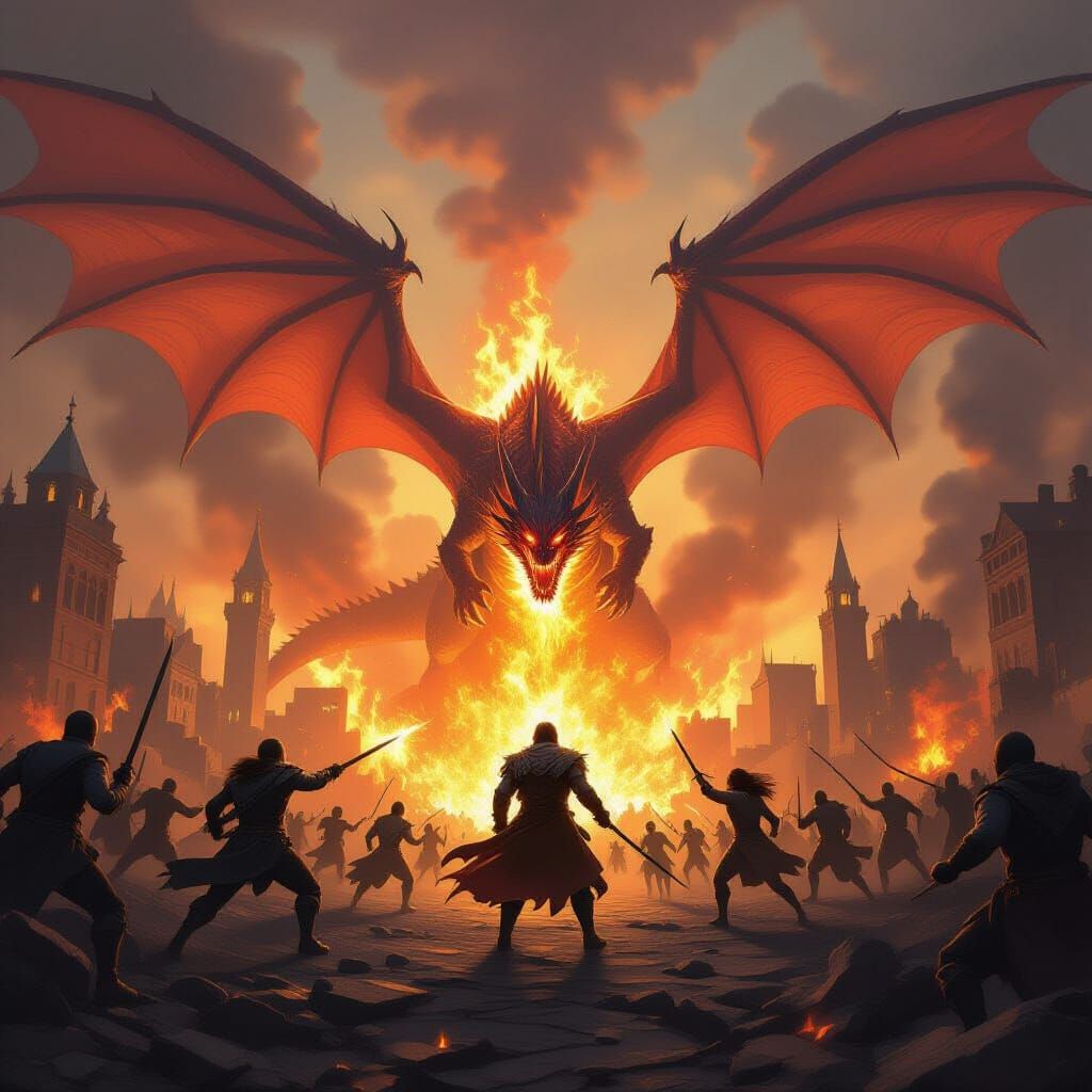 Epic Battle: People and Dragon Fight Amidst Burning City
