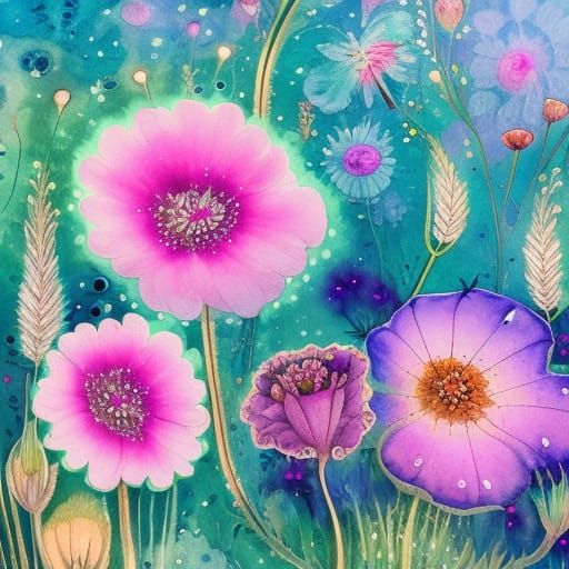 Botanical Flowers Watercolor Painting in Psychedelic Style