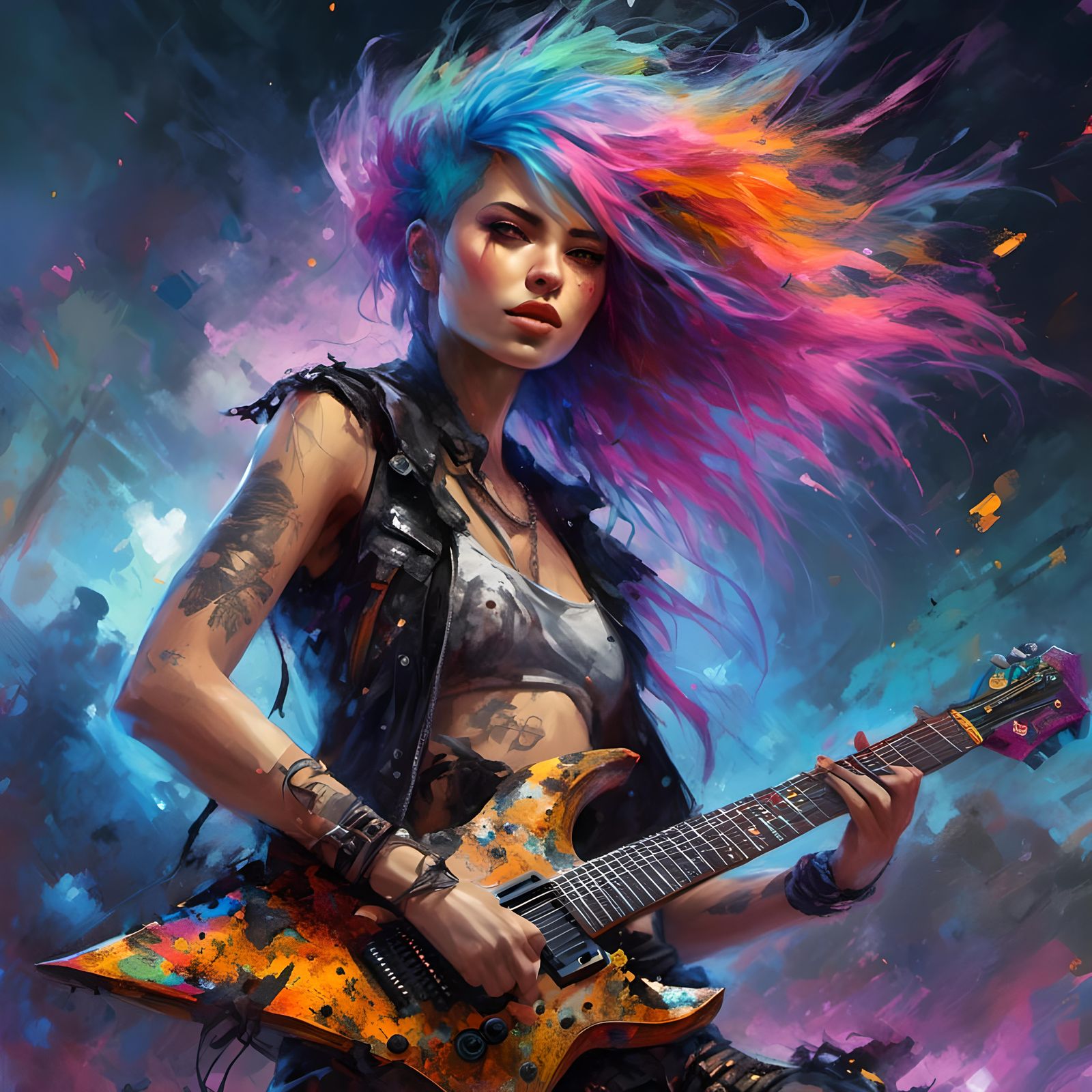 Hyperreal Punk Woman Guitarist on Stage