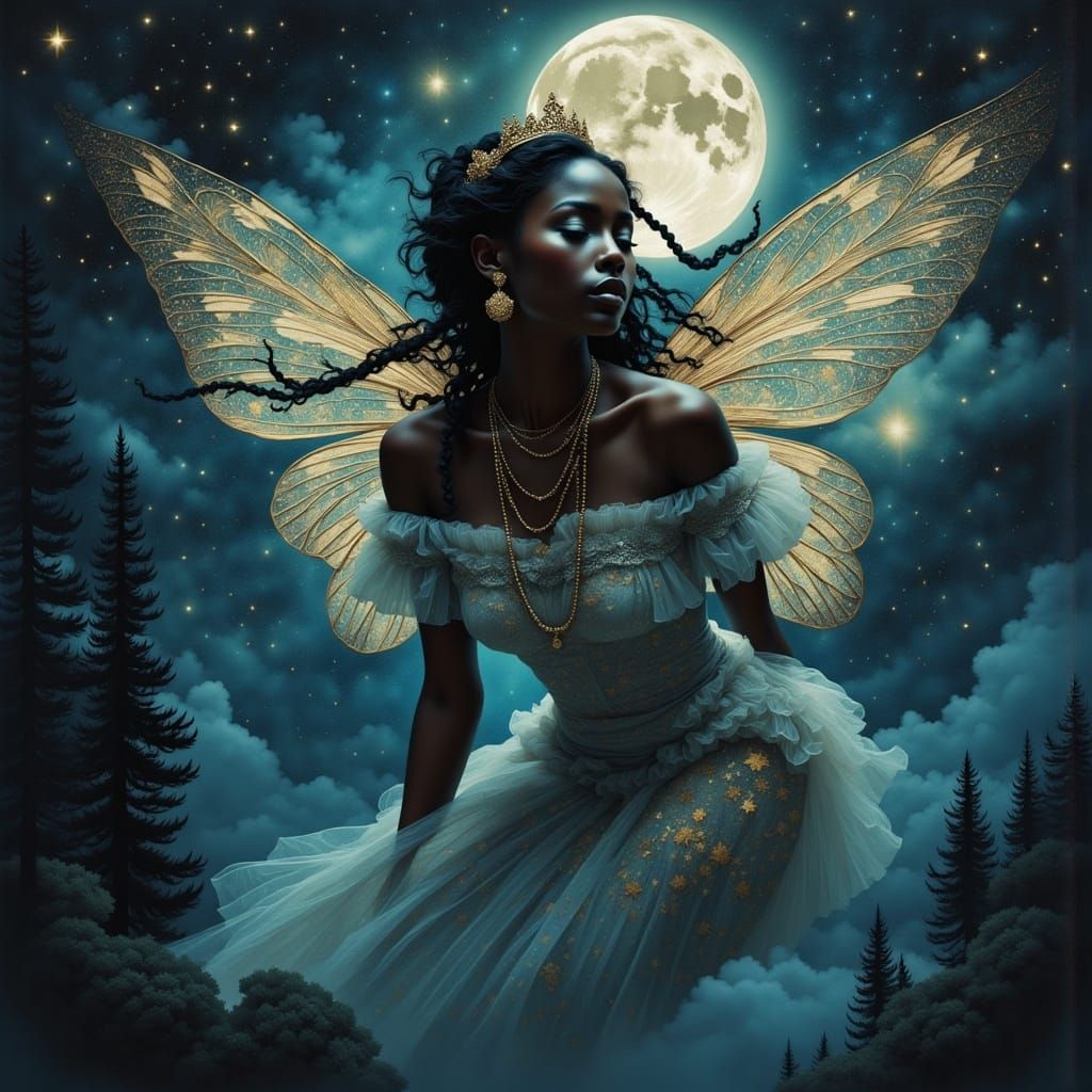 African Fairy Goddess Flies Under Full Moon