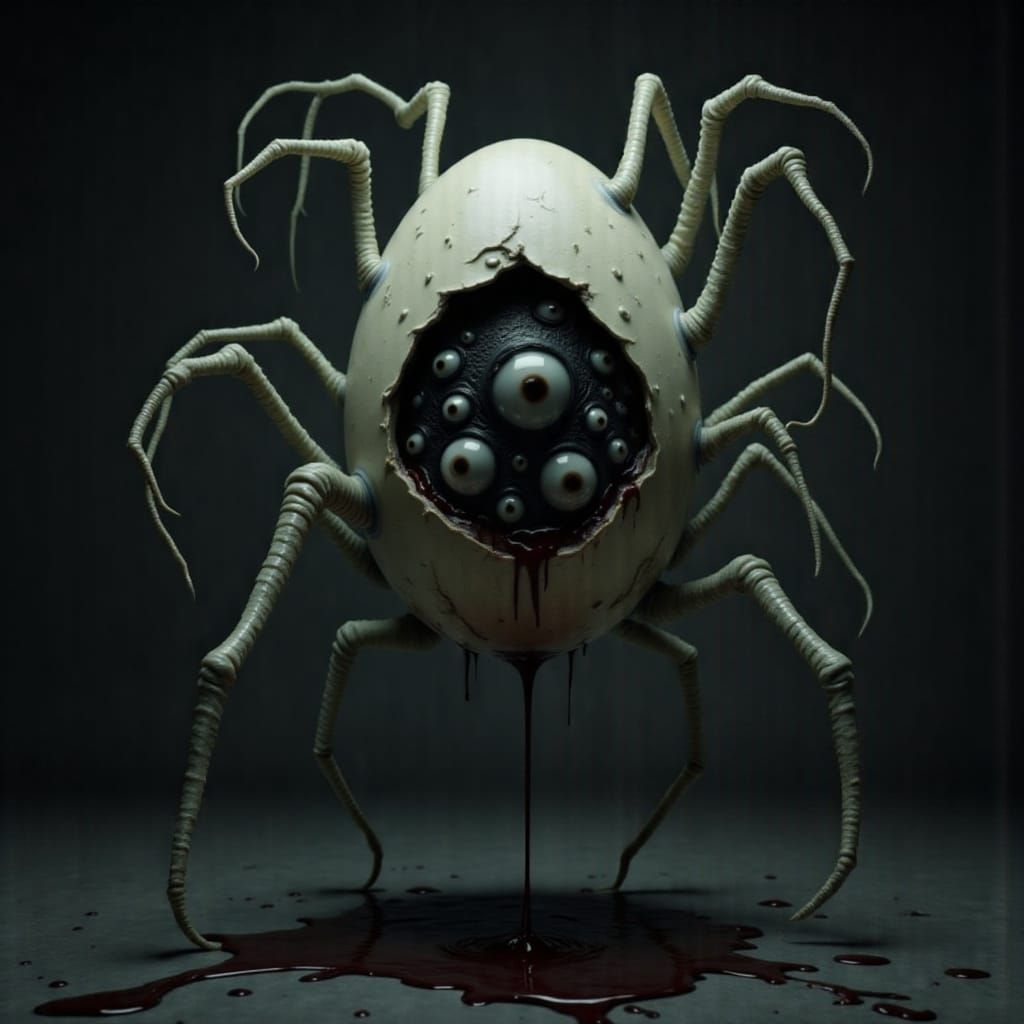 Surreal Cracked Egg with Eyes and Tentacles