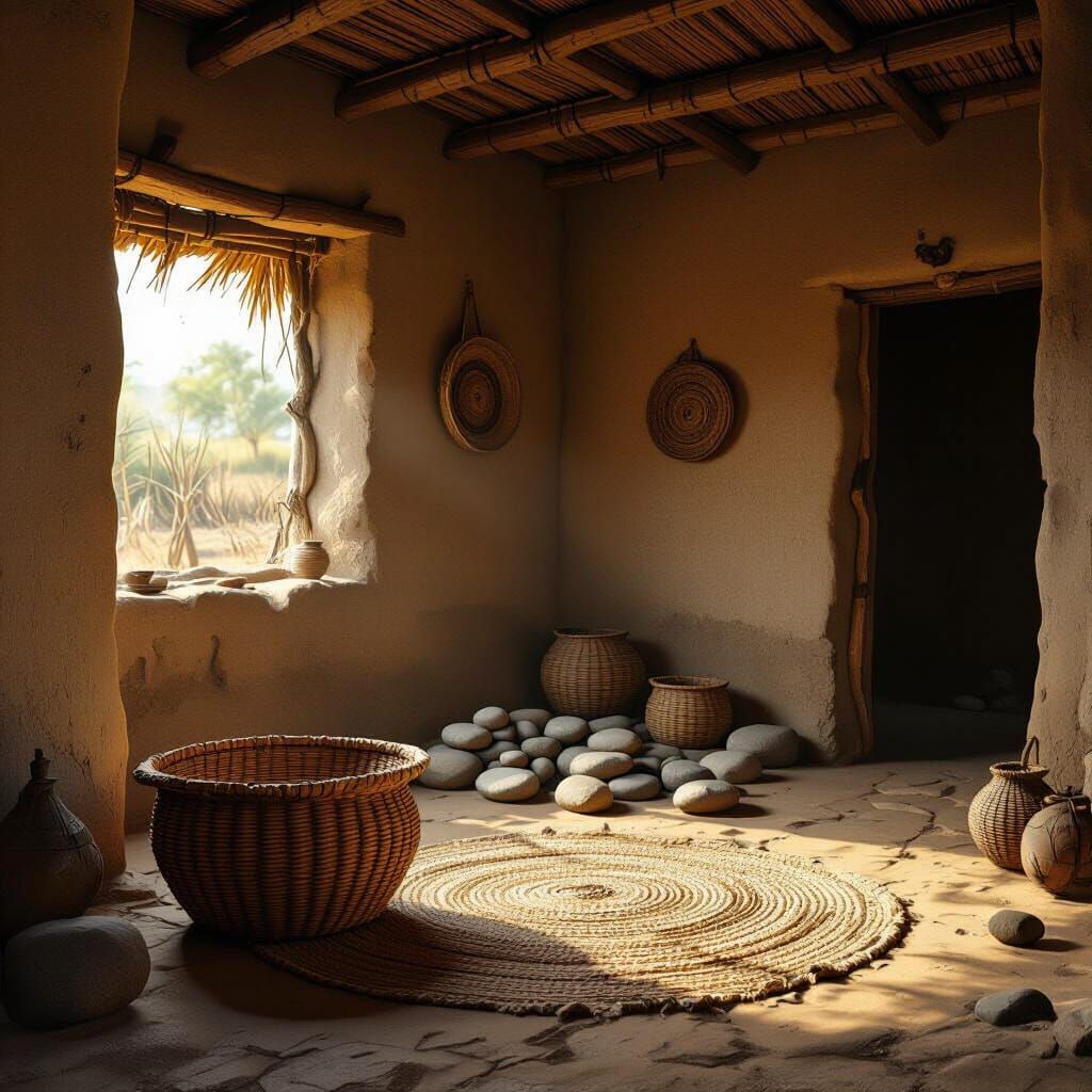 Stones in Basket: Realistic African Village Interior