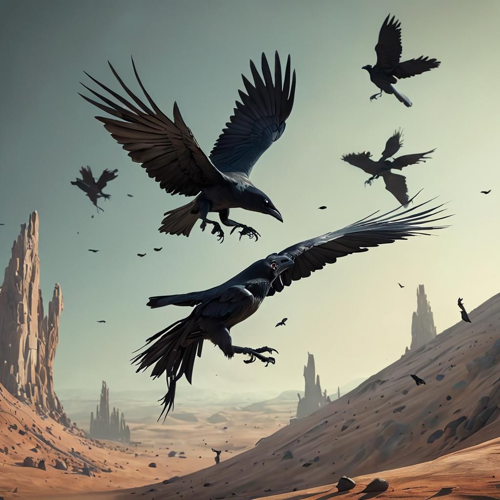 Crow Pursued by Alien in Surreal 3D Art
