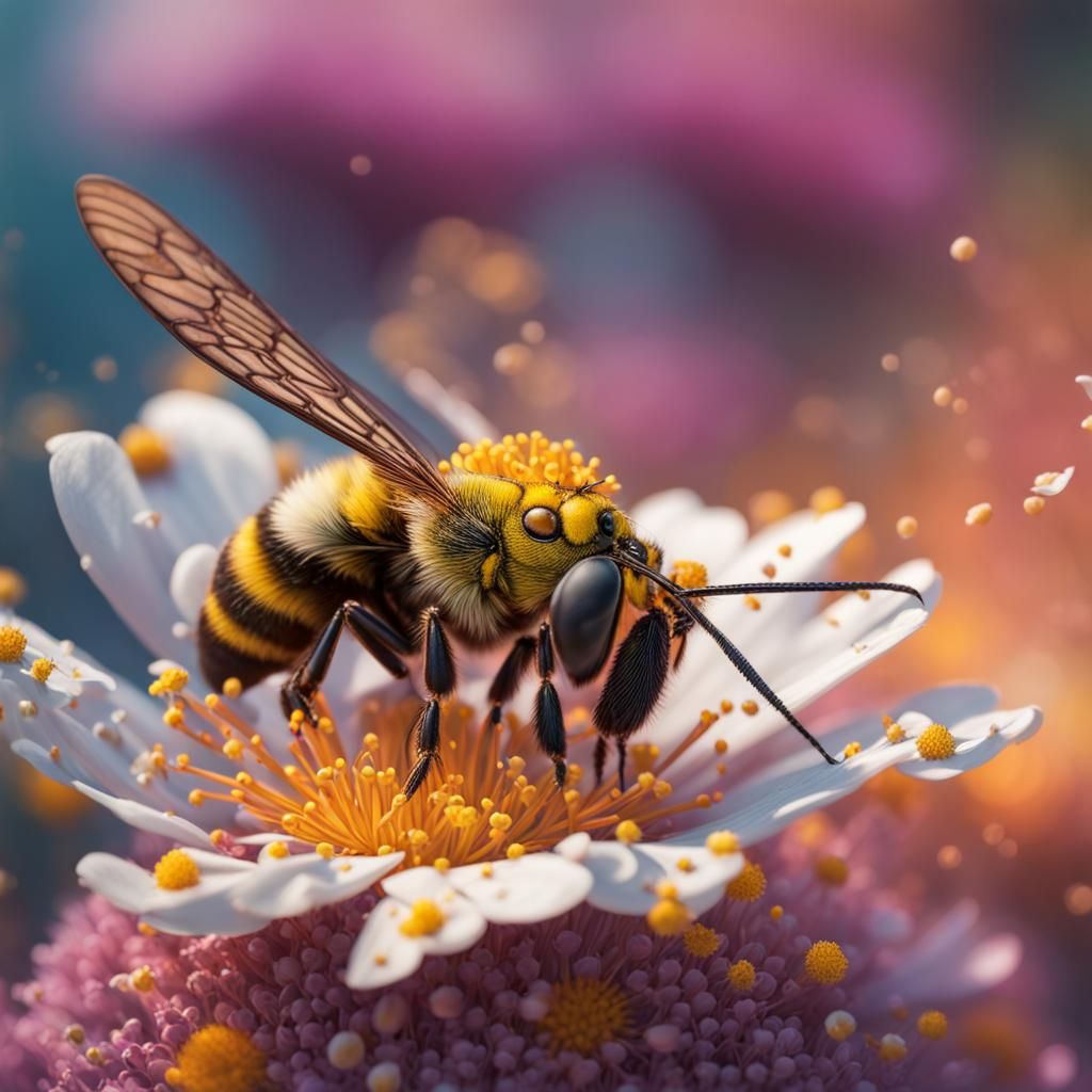 Pollen-Covered Insect on Flowers: Hyperrealistic Splash Art
