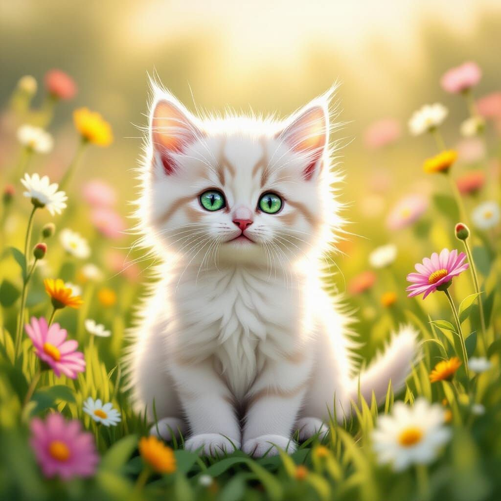 Fluffy Kitten with Emerald and Blue Eyes in Wildflower Field