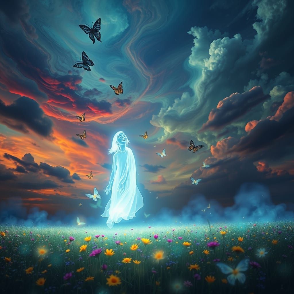 Luminous Figure in Bioluminescent Field, Dreamlike Art