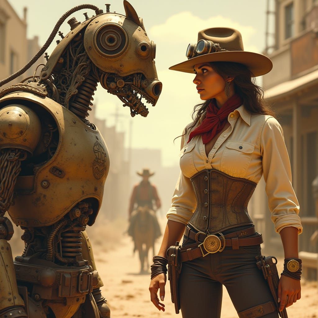 Steampunk Cowgirl vs Robot Sheriff Western Poster