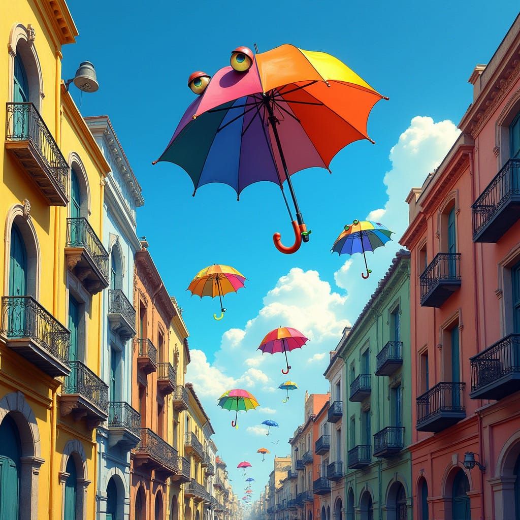 Vibrant Umbrellas Gaze Down on Buenos Aires Cityscape in Dre...